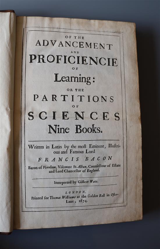 Bacon, Francis Sir - Of the Advancement and Proficience of Learning, 2nd edition in English, folio, calf, lacks